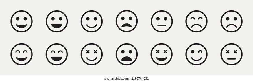 Emoticons Line Icon Set. Positive, Happy, Smile, Sad, Unhappy Faces Pictogram. Emoji faces collection. Emojis flat style. Feedback sign and symbol. Vector Illustration