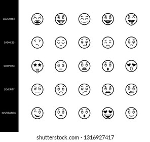 Emoticons line icons face emotion expression linear symbols logo illustration emoji smiley cartoon character mood laughter surprise sadness severity reaction vector set