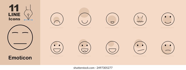 Emoticons line icons. Sad face, happy face, neutral, surprised, laughing face, smiling, winking face, confused, shocked, smiling with closed eyes, crying