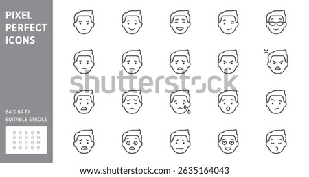 Emoticons line icons set. Vector illustration include icon - mental health, worry, laugh, disappointed mood, outline pictogram for man character expression. 64x64 Pixel Perfect, Editable Stroke.