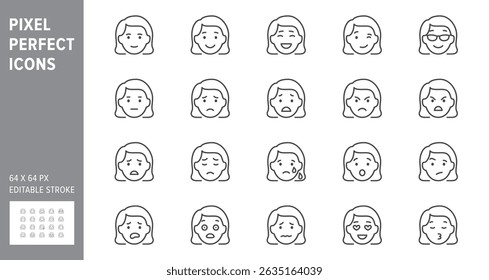 Ícones de linha de emoticons. Ilustração vetorial inclui ícone - saúde mental, preocupação, rir, decepcionado, confuso, pictograma de contorno para expressão de personagem feminino. Perfeito 64x64 pixels, traçado editável.
