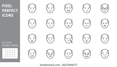 Emoticons line icons. Vector illustration include icon - mental health, worry, laugh, disappointed mood, confused, outline pictogram for old man character expression. Editable Stroke.