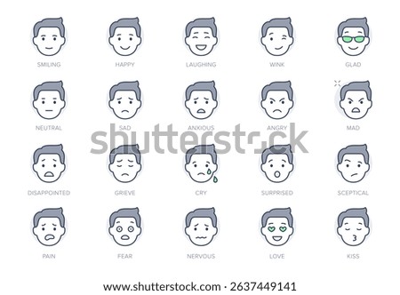 Emoticons line icons. Vector illustration include icon - mental health, worry, laugh, disappointed mood, confused, outline pictogram for man character expression. Green Color, Editable Stroke.