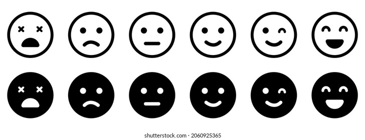 Emoticons Line and Silhouette Icon Set. Positive, Happy, Smile, Sad, Unhappy Faces Pictogram. Simple Emoji Collection. Customers Feedback Concept. Good and Bad Mood. Isolated Vector Illustration.