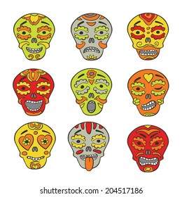 Emoticons of mexican skulls - calaveras,  with colorful expressions 