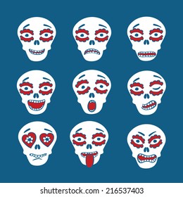 Emoticons of mexican skulls - calaveras,  with colorful expressions, flat style 