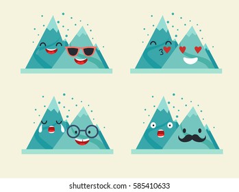 Emoticons mountain vector set. Funny mountain with cute faces characters. Winter landscape. Emoji flat cartoon style, vector illustration isolated on white background