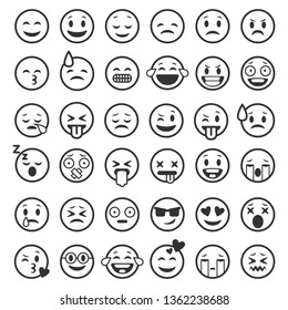 Contorno de emoticons. Emoji rostos emoticon sorriso engraçado linha ícones pretos expressão smiley facial pessoas humor humor, vetor plano isolado conjunto