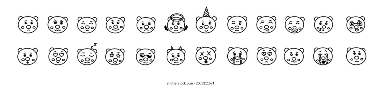 Emoticons outline. Emoji faces emoticon funny smile line black icons expression smiley facial people humor mood, flat vector isolated set.