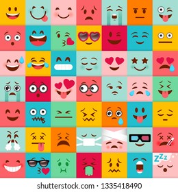 Emoticons pattern. Emoji square icons. Cute emoji colorfull illustration. Big set flat cartoon style. Face funny backgound