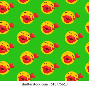 Emoticons pattern with sexy lips  in a flat design on a green background