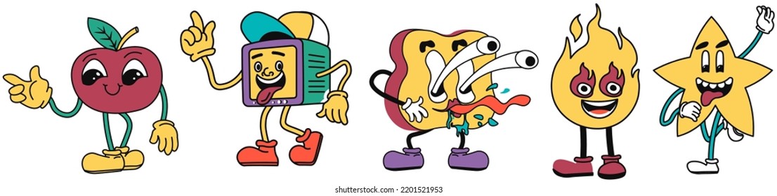 Emoticons personages, funny sticker characters with facial expression and emotion. Sponge and cherry, cube wearing hat and flame. Star partying and cheering, entertaining. Vector in flat style