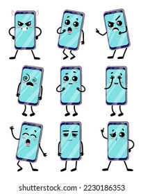 Emoticons with phone cartoon character vector illustrations set. Cartoon drawings of smartphone with different facial expressions isolated on white background. Technology, emotions concept