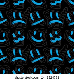 Emoticons sad, funny, poker face, cat in graffiti style, seamless pattern. Endless texture and print for packaging and wrapping. Shapes. Birthday, youthful, stylish, fashionable colors.Black and blue