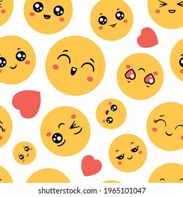 Emoticons seamless pattern. Emoji happy faces for funny print design. Cartoon emoticon, message symbols icons, vector wallpaper. Winking, laughing, and cheerful faces in love