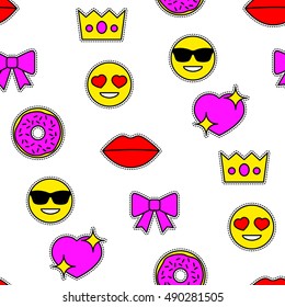 Emoticons Seamless pattern with fashion patch badges with Crowns, Lips, Emoticons, Hearts and Donuts.Vector pattern with stickers, pins, patches. 