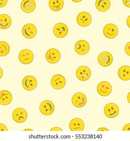 Emoticons seamless pattern. Yellow emoji vector background. Smiles face texture template. Modern smileys for textiles, interior design, for book design, website Background. EPS10.