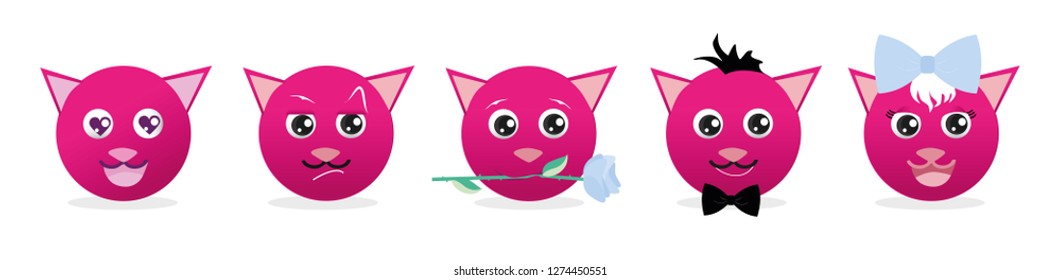 Emoticons set of cat. Emoji vector. Smile icon set. Icon web. Romantic cat on white background.