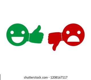 Emoticons set demonstrating opposing emotions. Cheerful and sad smiley. Emoji collection showing different gestures. Yes and No. like and dislike. Thumb up and down.