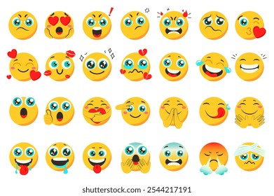 Os emoticons definem elementos em um design gráfico plano. Coleção de emojis com raiva, amor, sorriso, chorar, confusão, beijo, feliz, rindo, abraçando, piscando, flertando e outra mensagem. Ilustração vetorial.