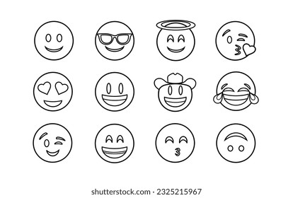 Emoticons set. Emoji faces collection. Emojis flat style. Happy emoji. Line smiley face - stock vector