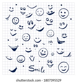 Emoticons. Set of funny faces and smiles, elements for design. Hand drawn vector illustration. Doodle style.