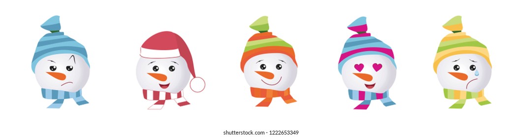 Emoticons set of Graphic - snowmans. Collection of vector emoji. Smile icons web on white background.