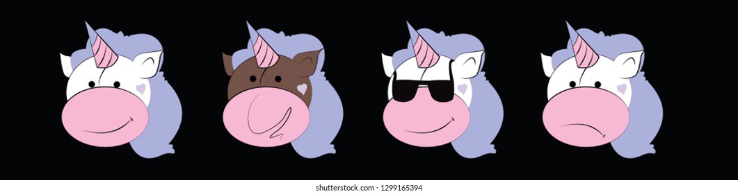 Emoticons set of Graphic - unicorns. Collection of emoji vector. Smile icons web on black background.