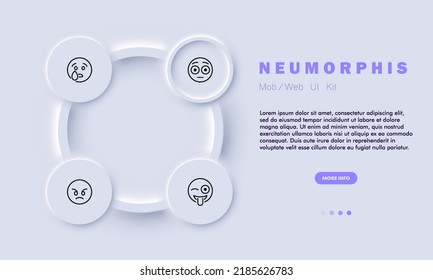 Emoticons set icon. Cry, shocked, surprised, open eyed, show tongue and wink, angry, mad, emotions, express, reaction. Online communication concept. Neomorphism style. Vector line icon for Business.