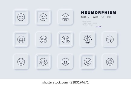 Emoticons set icon. Express emotions, smile, sad, upset, laugh, love, kiss, angry, cry. Online communication concept. Neomorphism style. Vector line icon for Business and Advertising.