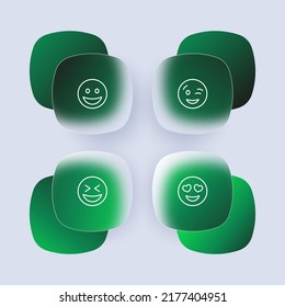 Emoticons set icon. Express feelings, expression, smile, laugh, wink, heart shaped eyes, adore, admire. Emotions concept. Glassmorphism style. Vector line icon for Business and Advertising.