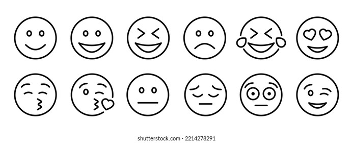 Emoticons set icon. Laugh, love, cry, tears, sad, wink, kiss, heart shaped eyes, shocked, angry, show tongue. Online communication concept. Vector black set icon on a white background