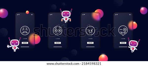 Emoticons set icon. Online, reaction, express\
emotions, surprised, shocked, cry, angry, tongue out, wink.\
Communication concept. Glassmorphism. UI phone app screens. Vector\
line icon for\
Business.
