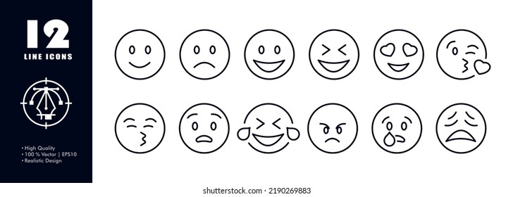 Emoticons set icon. Reaction, comment, message, feedback, sad, happy, laugh, like, love, heart shaped eyes, kiss, whistle, shocked, scared, angry, cry. Online communication concept. Vector line icon.