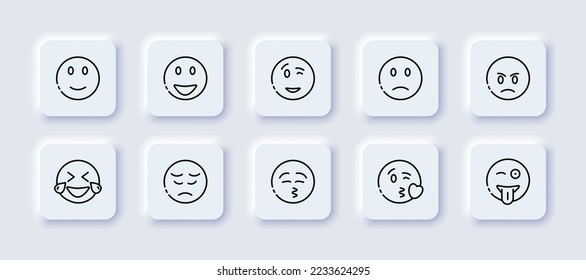 Emoticons set icon. Smile, emoji, laugh, wink, sad, frustrated, angry, tears, cry, whistle, kiss, heart, stick out tongue. Communication concept. Neomorphism style. Vector line icon for Business