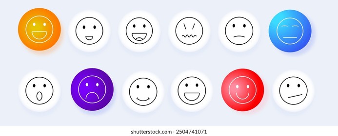 Emoticons set icon. Smile, sad, happy, angry, surprised, neutral, facial expressions, mood, reaction, emotion, vector, graphic, illustration.