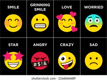 Emoticons set icons with differents reactions Vector, color icon set on black background