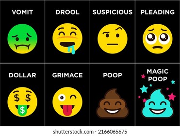 Emoticons set icons with differents reactions Vector, color icon set on black background