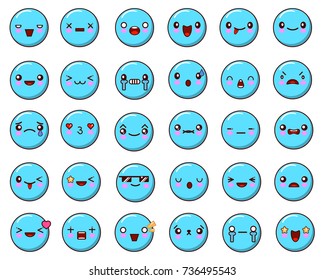 Emoticons set isolated on white background. Funny blue emoji. Flat design Vector Illustration EPS