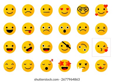 Conjunto de emoticonos. Estilo moderno de sonriente, triste, llorando, feliz, enojado, confundido, amor y otros emoji