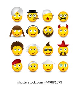 Emoticons set on white background. Nationalities