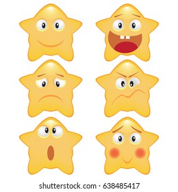 Emoticons in the shape of a star with different emotions: joy, sadness, anger, confusion, surprise. Vector illustration.