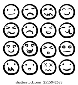 Emoticons Sketch, Ink Brush of Happy Sad Face Icon Doodle Illustration