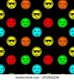 Emoticons smile faces vector seamless pattern. Different emoji icons in pixel art on black background. Cool in sunglasses, brooding, funny, dead, angry. Сollection of digital flat 8 bit icons. 