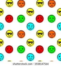 Emoticons smile faces vector seamless pattern. Various emoji icons in pixel art on white background. Cool in sunglasses, brooding, funny, dead, angry. Сollection of digital flat 8 bit icons. 