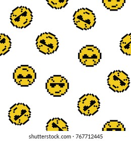 Emoticons smile people faces vector seamless pattern on white background. Yellow isolated various emoji icons texture template in pixel art use for fabric cloth, swimwear, design wallpaper, wrapping.
