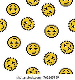 Emoticons smile people faces vector seamless pattern on white background. Yellow isolated various emoji icons texture template in pixel art use for fabric cloth, swimwear, design wallpaper, wrapping.