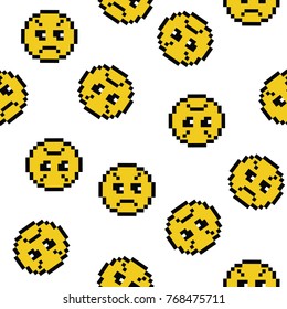 Emoticons smile people faces vector seamless pattern on white background. Yellow isolated various emoji icons texture template in pixel art use for fabric cloth, swimwear, design wallpaper, wrapping.