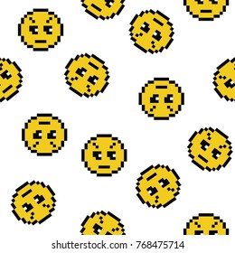 Emoticons smile people faces vector seamless pattern on white background. Yellow isolated various emoji icons texture template in pixel art use for fabric cloth, swimwear, design wallpaper, wrapping.