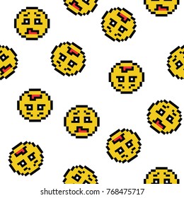 Emoticons smile people faces vector seamless pattern on white background. Yellow isolated various emoji icons texture template in pixel art use for fabric cloth, swimwear, design wallpaper, wrapping.